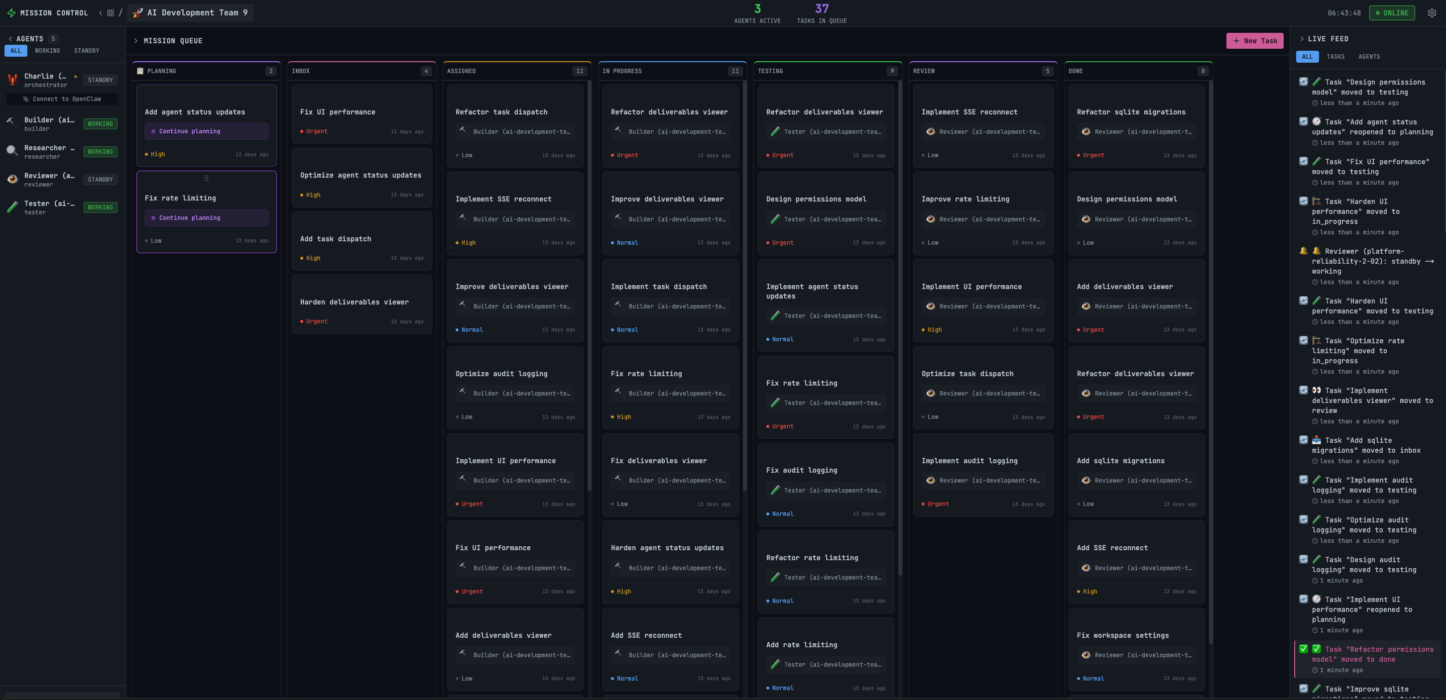 Mission Control dashboard showing Kanban board, agent sidebar, and live event feed